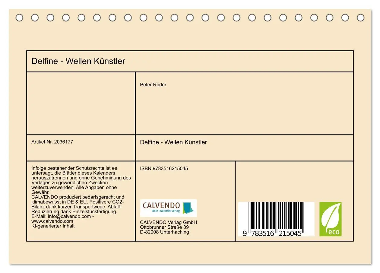 Bild: 9783516215045 | Delfine - Wellen Künstler (Tischkalender 2026 DIN A5 quer),...