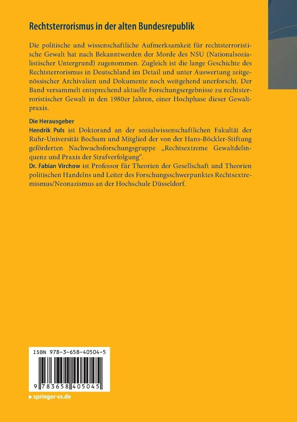 Rückseite: 9783658405045 | Rechtsterrorismus in der alten Bundesrepublik | Fabian Virchow (u. a.)