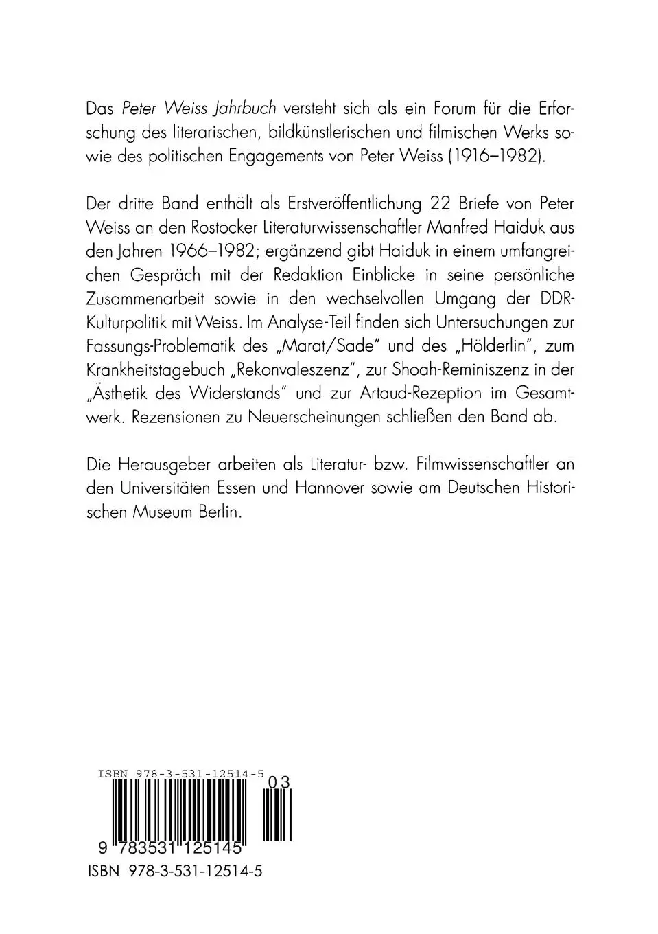 Rückseite: 9783531125145 | Peter Weiss Jahrbuch 3 | Rainer Koch (u. a.) | Taschenbuch | 176 S.
