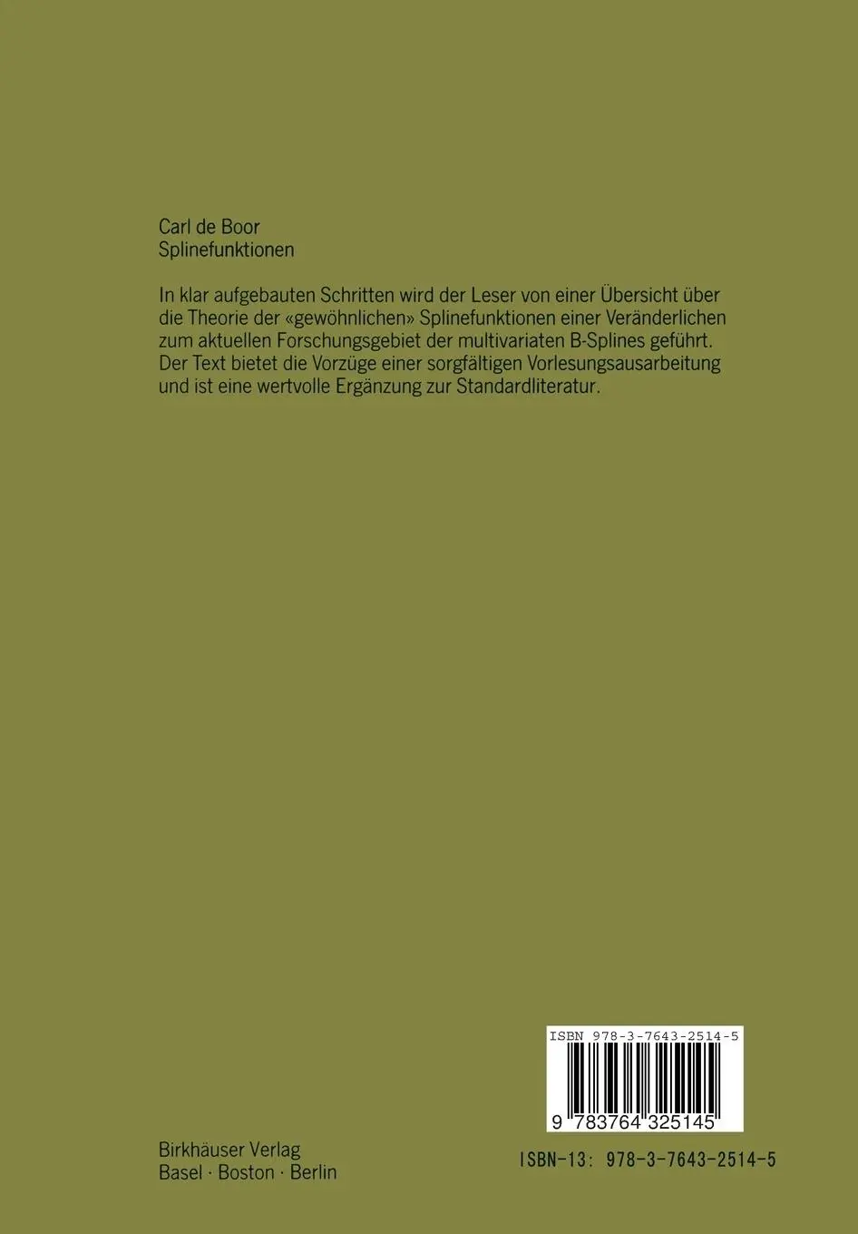 Rückseite: 9783764325145 | Splinefunktionen | Carl de Boor | Taschenbuch | vi | Englisch | 1990