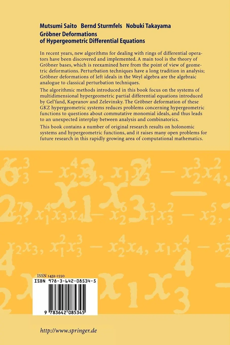 Rückseite: 9783642085345 | Gröbner Deformations of Hypergeometric Differential Equations | Buch