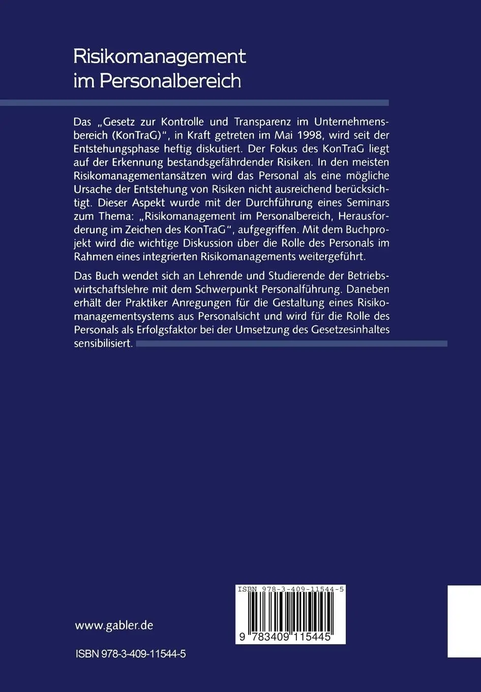 Rückseite: 9783409115445 | Risikomanagement im Personalbereich | Karl-Friedrich Ackermann | Buch