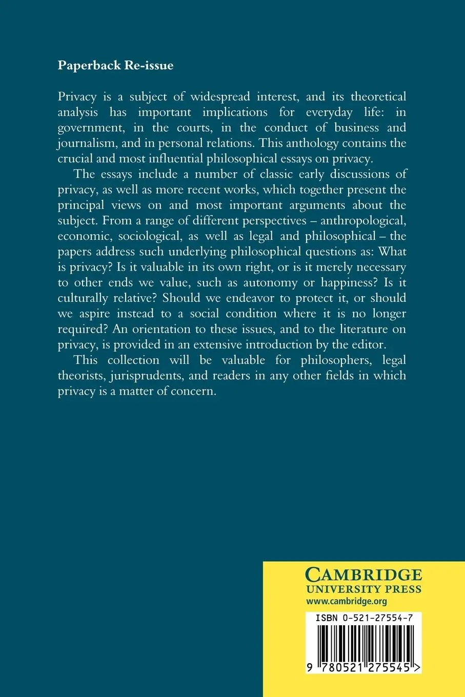 Rückseite: 9780521275545 | Philosophical Dimensions of Privacy | An Anthology | Schoeman (u. a.)