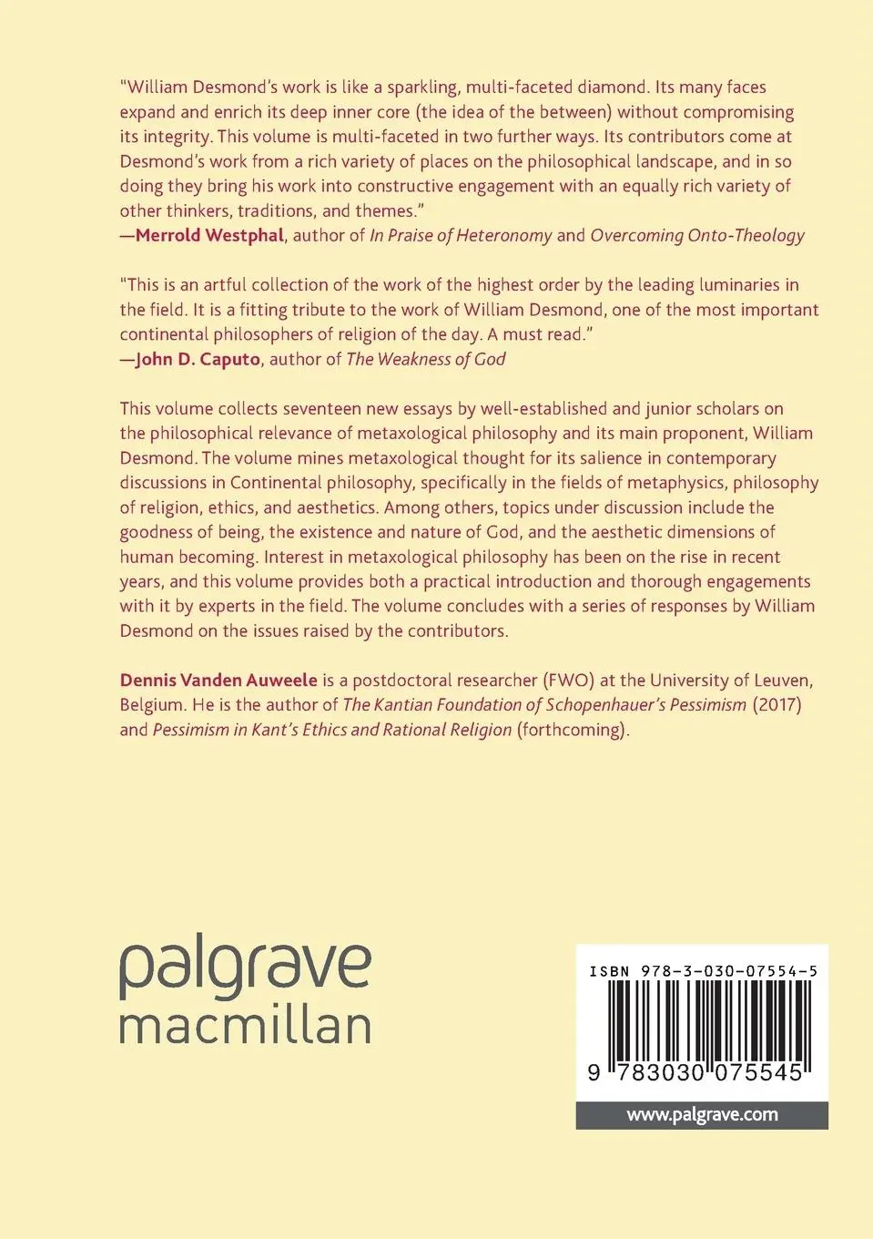Rückseite: 9783030075545 | William Desmond's Philosophy between Metaphysics, Religion, Ethics,...