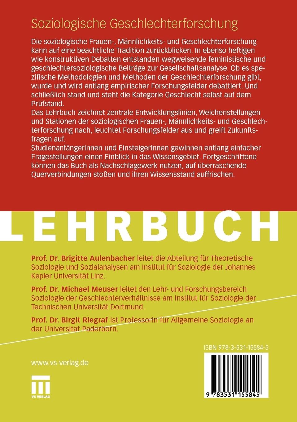 Rückseite: 9783531155845 | Soziologische Geschlechterforschung | Eine Einführung | Taschenbuch