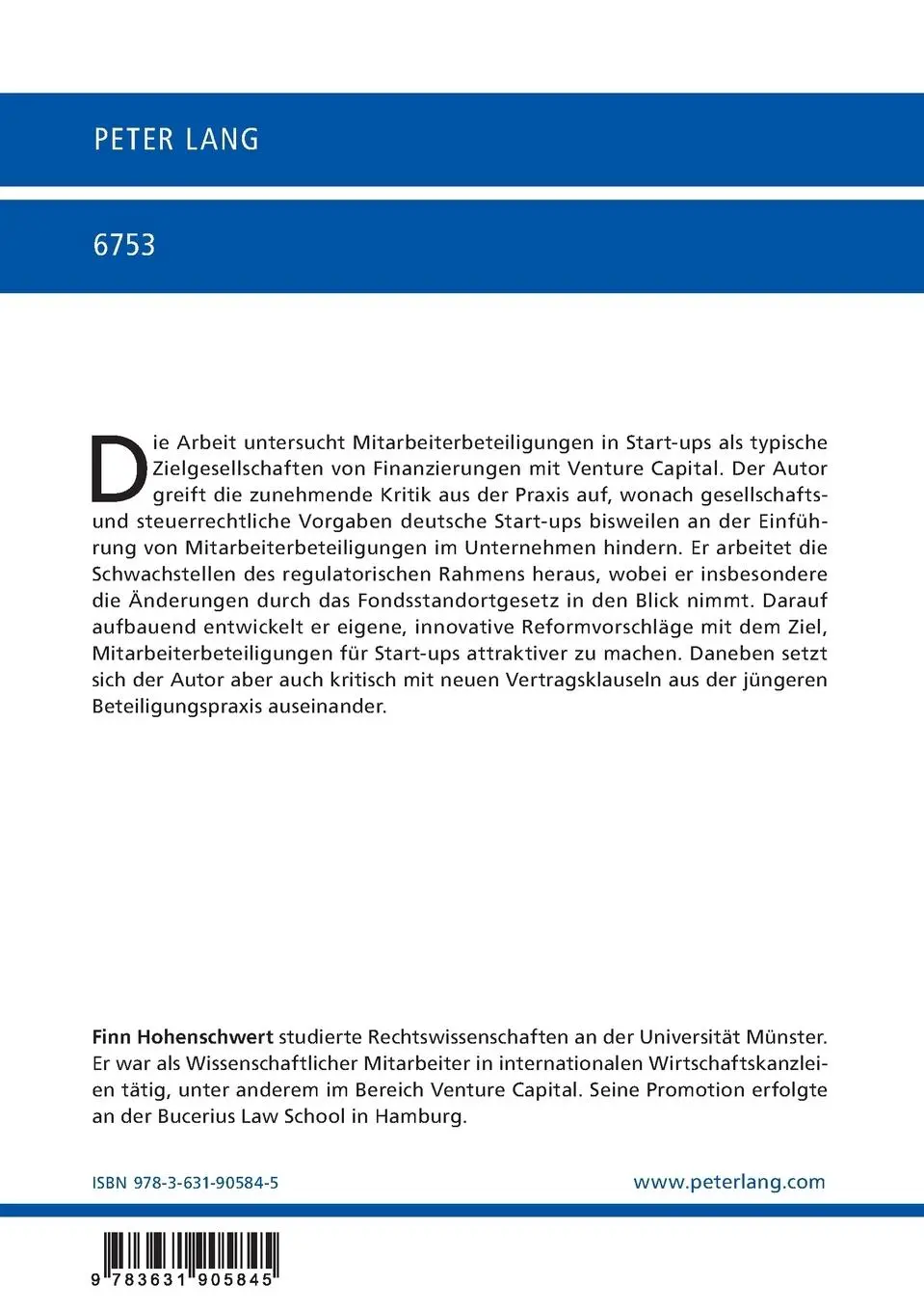 Rückseite: 9783631905845 | Mitarbeiterbeteiligungen im Venture Capital | Finn Hohenschwert | Buch