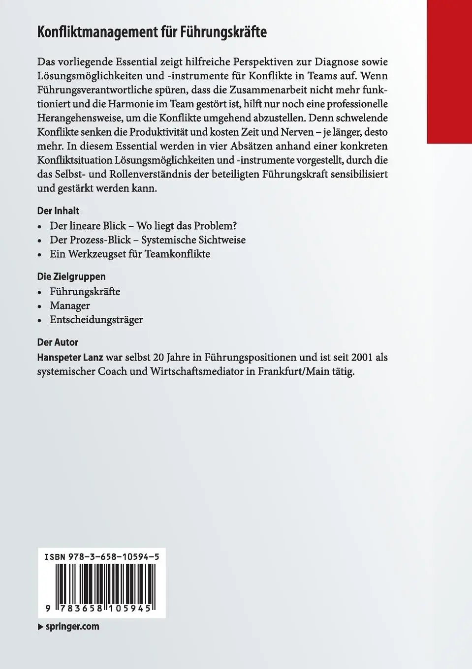 Rückseite: 9783658105945 | Konfliktmanagement für Führungskräfte | Hanspeter Lanz | Taschenbuch