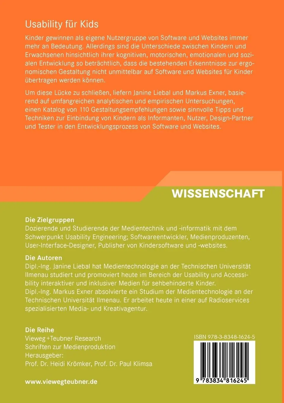 Rückseite: 9783834816245 | Usability für Kids | Markus Exner (u. a.) | Taschenbuch | xvii | 2011