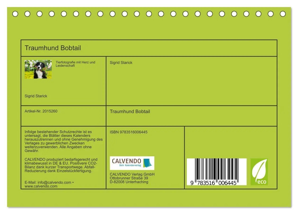 Bild: 9783516006445 | Traumhund Bobtail (Tischkalender 2026 DIN A5 quer), CALVENDO...
