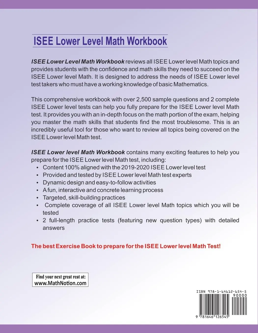 Rückseite: 9781646126545 | ISEE Lower Level Math Workbook | Michael Smith (u. a.) | Taschenbuch