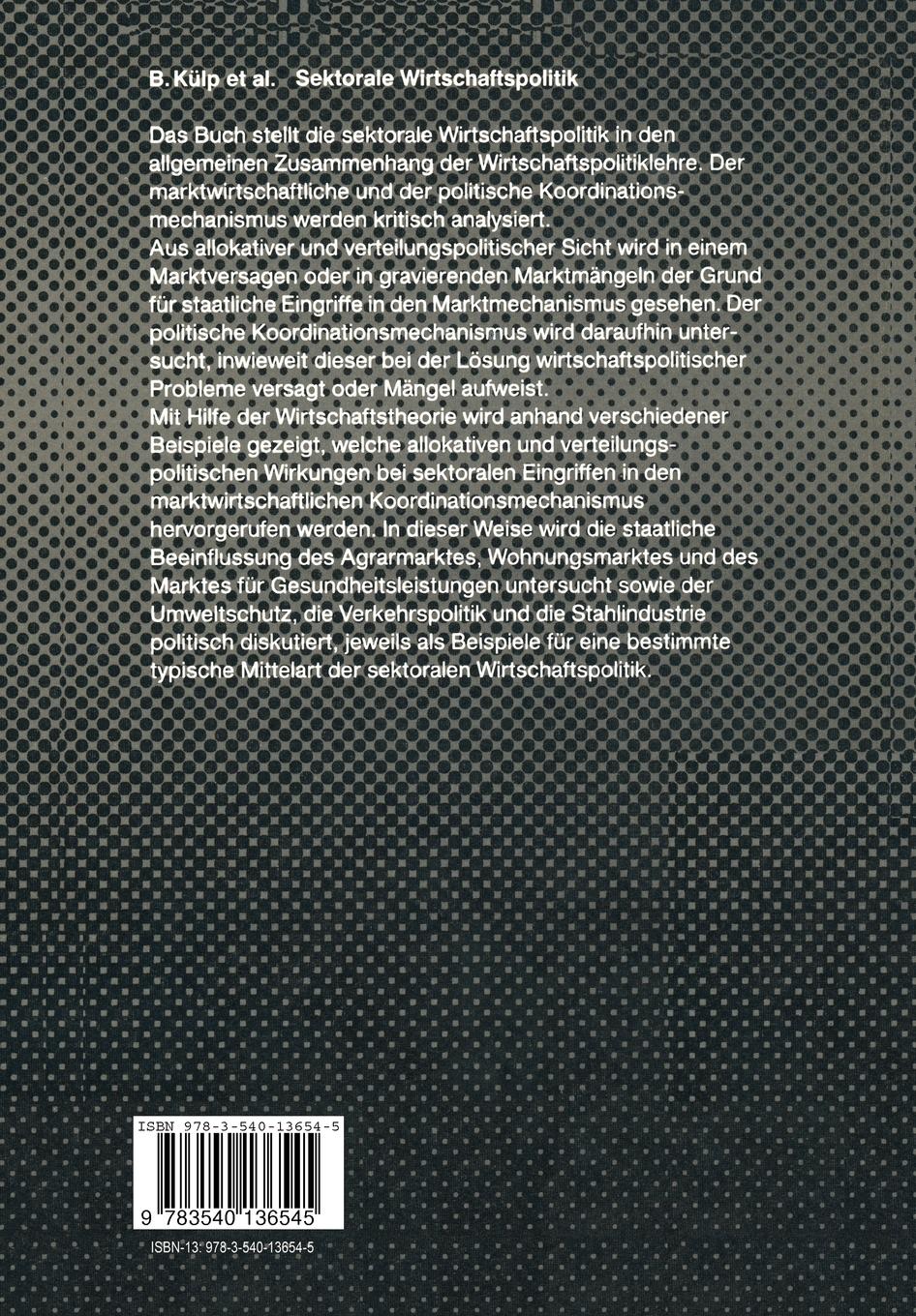 Rückseite: 9783540136545 | Sektorale Wirtschaftspolitik | B. Külp (u. a.) | Taschenbuch | x