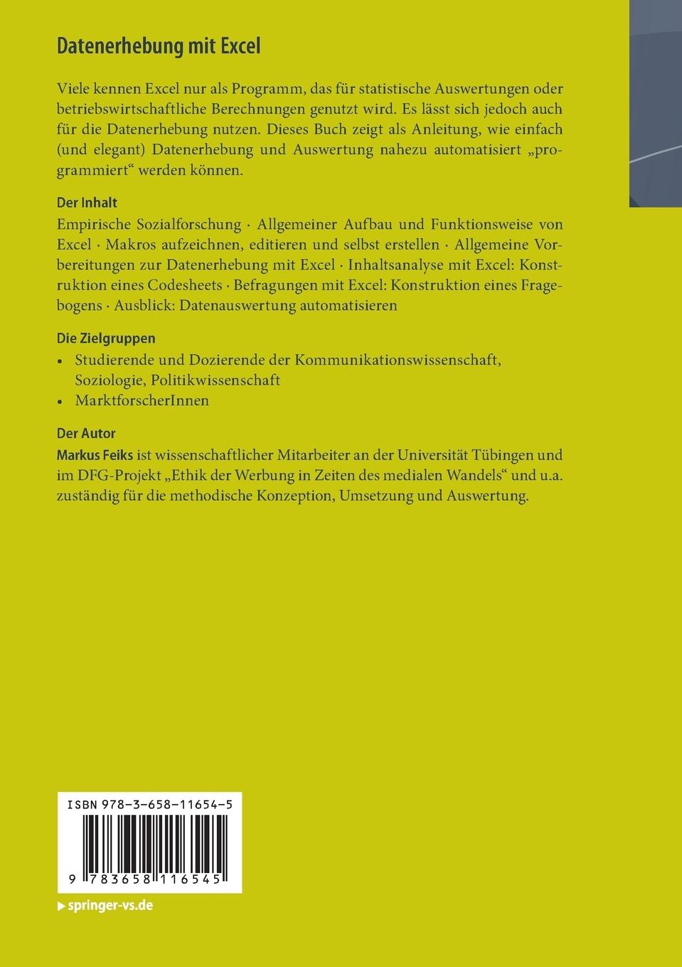 Rückseite: 9783658116545 | Datenerhebung mit Excel | Markus Feiks | Taschenbuch | xviii | Deutsch