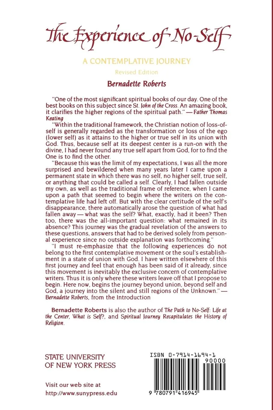 Rückseite: 9780791416945 | The Experience of No-Self | Bernadette Roberts | Taschenbuch | 1993
