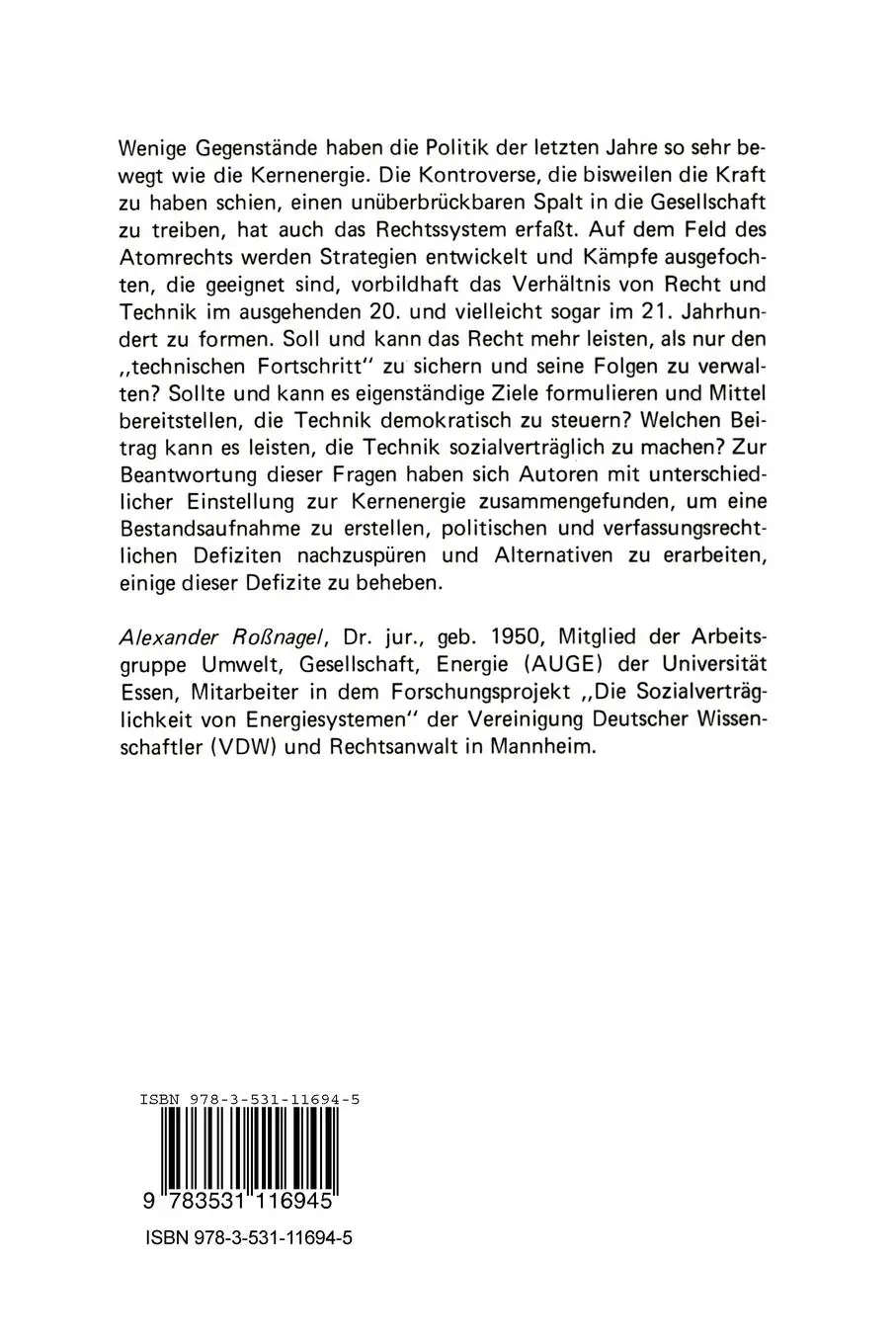 Rückseite: 9783531116945 | Recht und Technik im Spannungsfeld der Kernenergiekontroverse | Buch