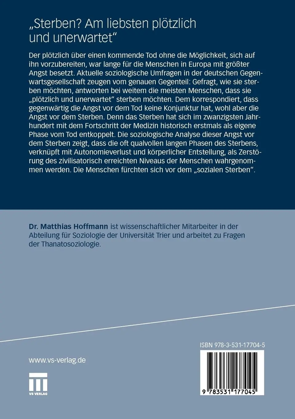 Rückseite: 9783531177045 | "Sterben? Am liebsten plötzlich und unerwartet." | Matthias Hoffmann