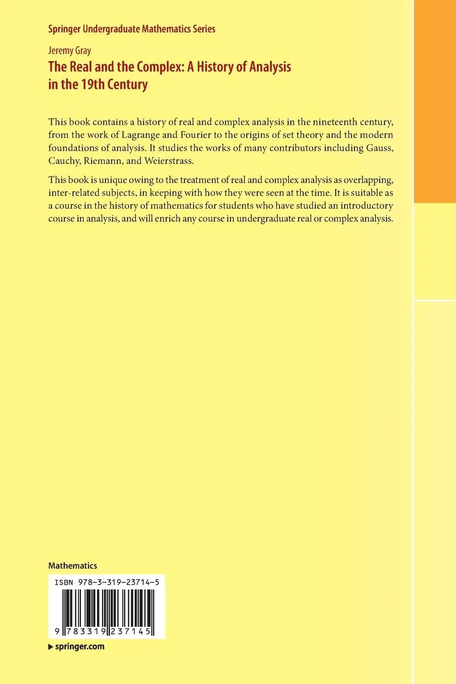 Rückseite: 9783319237145 | The Real and the Complex: A History of Analysis in the 19th Century