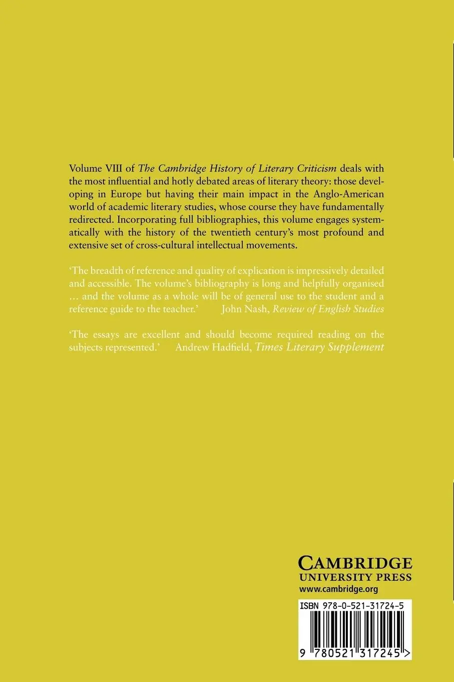 Rückseite: 9780521317245 | The Cambridge History of Literary Criticism | Raman Selden | Buch