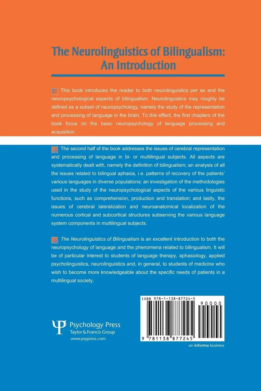 Rückseite: 9781138877245 | The Neurolinguistics of Bilingualism | An Introduction | Franco Fabbro