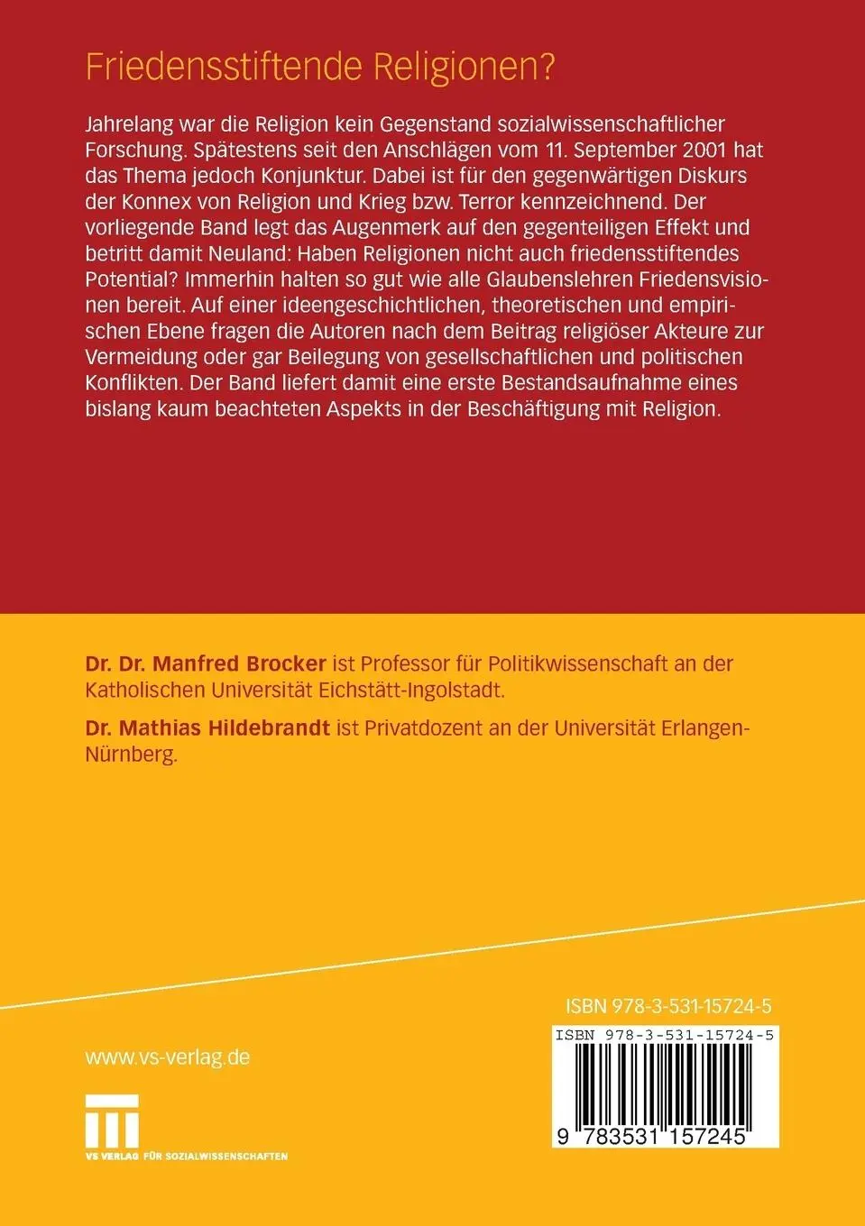 Rückseite: 9783531157245 | Friedensstiftende Religionen? | Mathias Hildebrandt (u. a.) | Buch