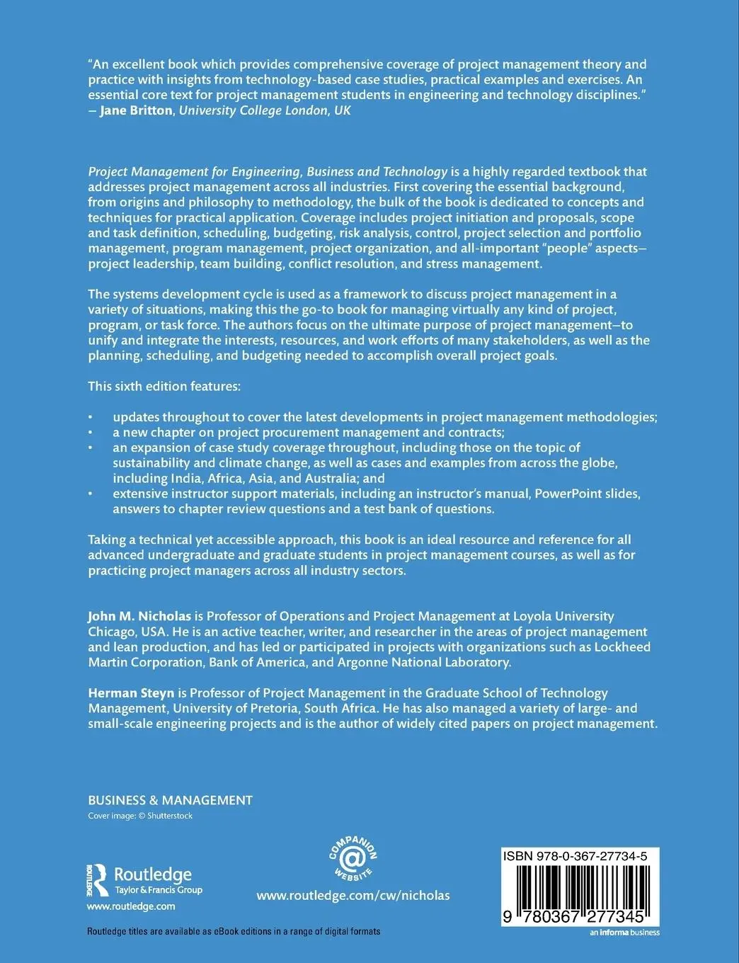 Rückseite: 9780367277345 | Project Management for Engineering, Business and Technology | Buch