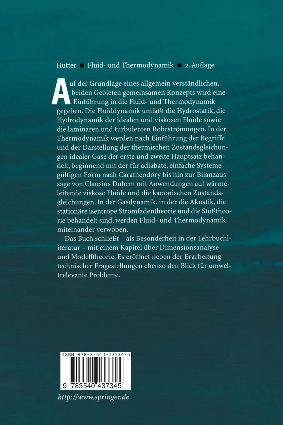 Rückseite: 9783540437345 | Fluid- und Thermodynamik | Eine Einführung | Kolumban Hutter | Buch
