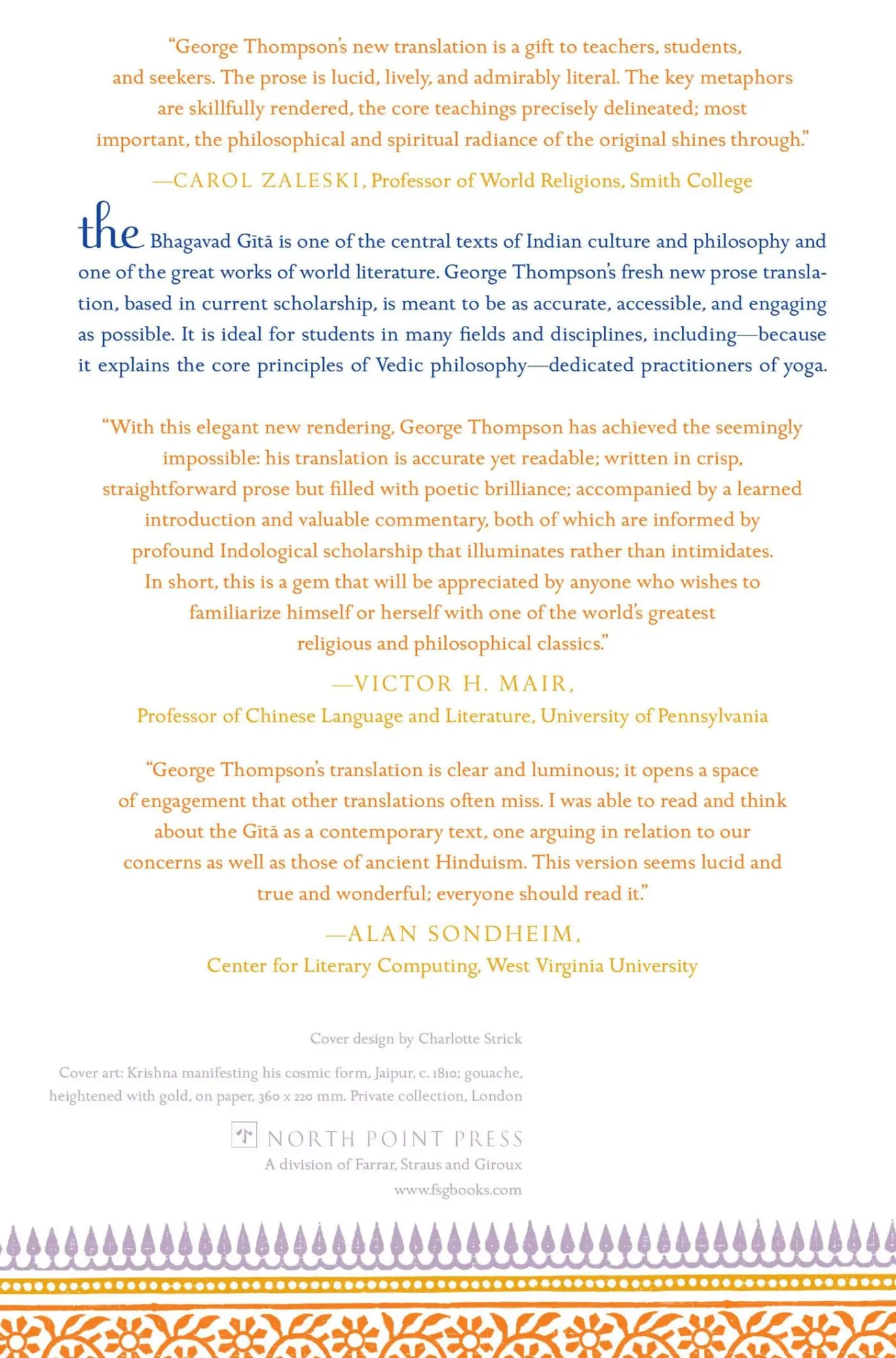 Rückseite: 9780865477445 | The Bhagavad Gita | A New Translation | George Thompson | Taschenbuch