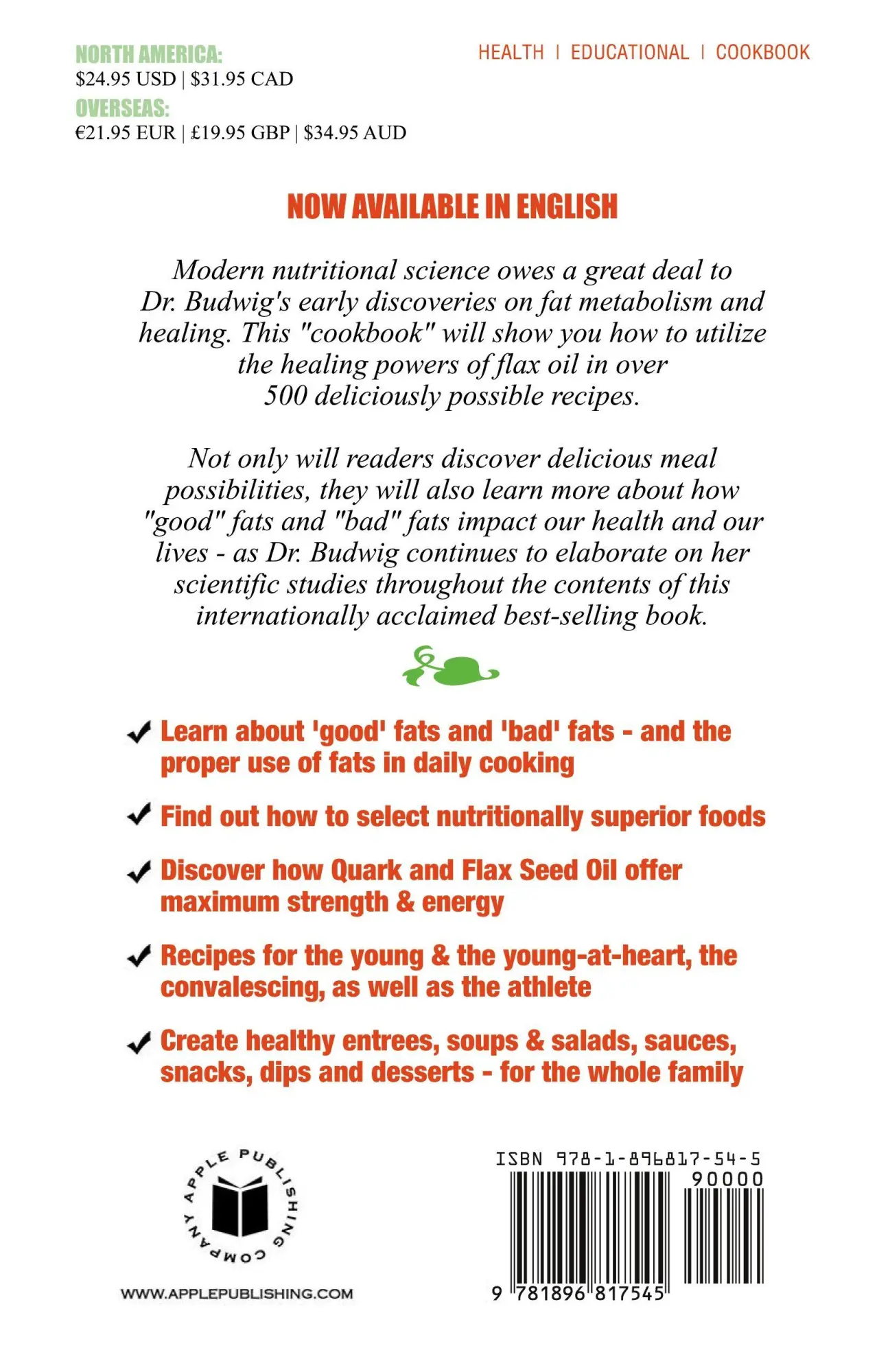 Rückseite: 9781896817545 | OIL-PROTEIN DIET Cookbook | 3rd Edition | Johanna Budwig | Taschenbuch