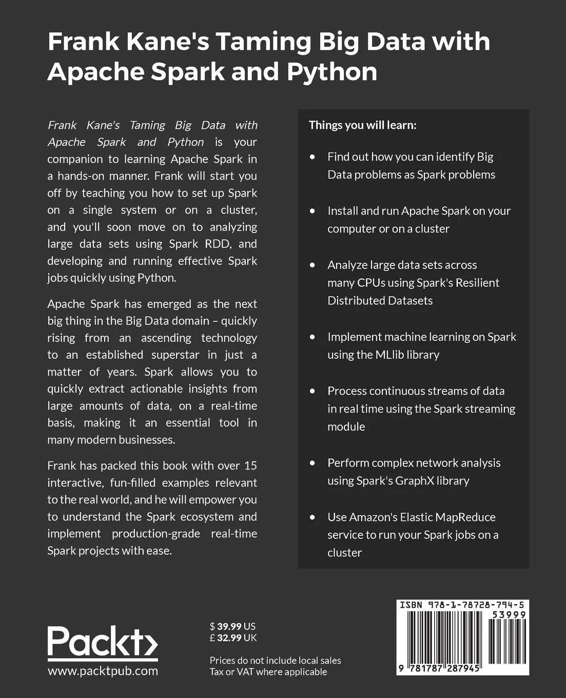 Rückseite: 9781787287945 | Frank Kane's Taming Big Data with Apache Spark and Python | Frank Kane