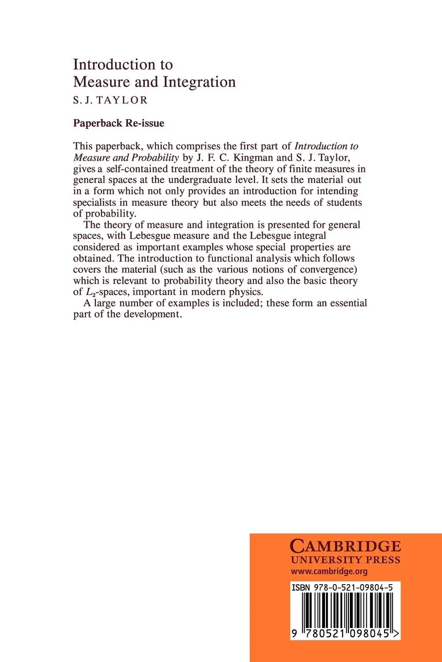 Rückseite: 9780521098045 | Introduction to Measure and Integration | S. J. Taylor | Taschenbuch