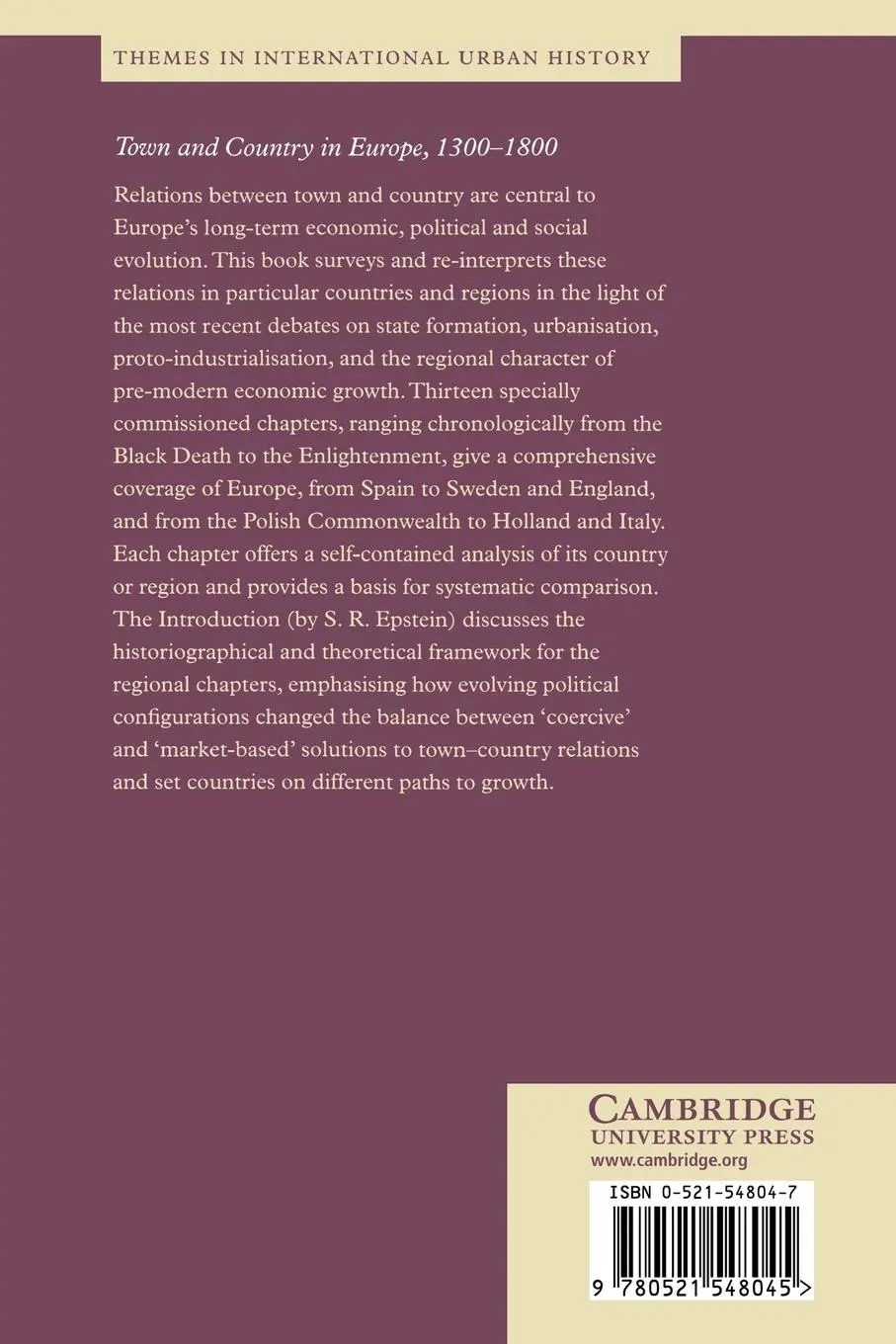 Rückseite: 9780521548045 | Town and Country in Europe, 1300 1800 | Peter Clark (u. a.) | Buch