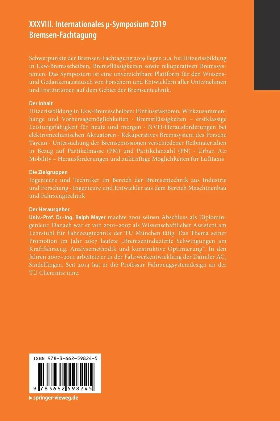 Rückseite: 9783662598245 | XXXVIII. Internationales ¿-Symposium 2019 Bremsen-Fachtagung | Mayer