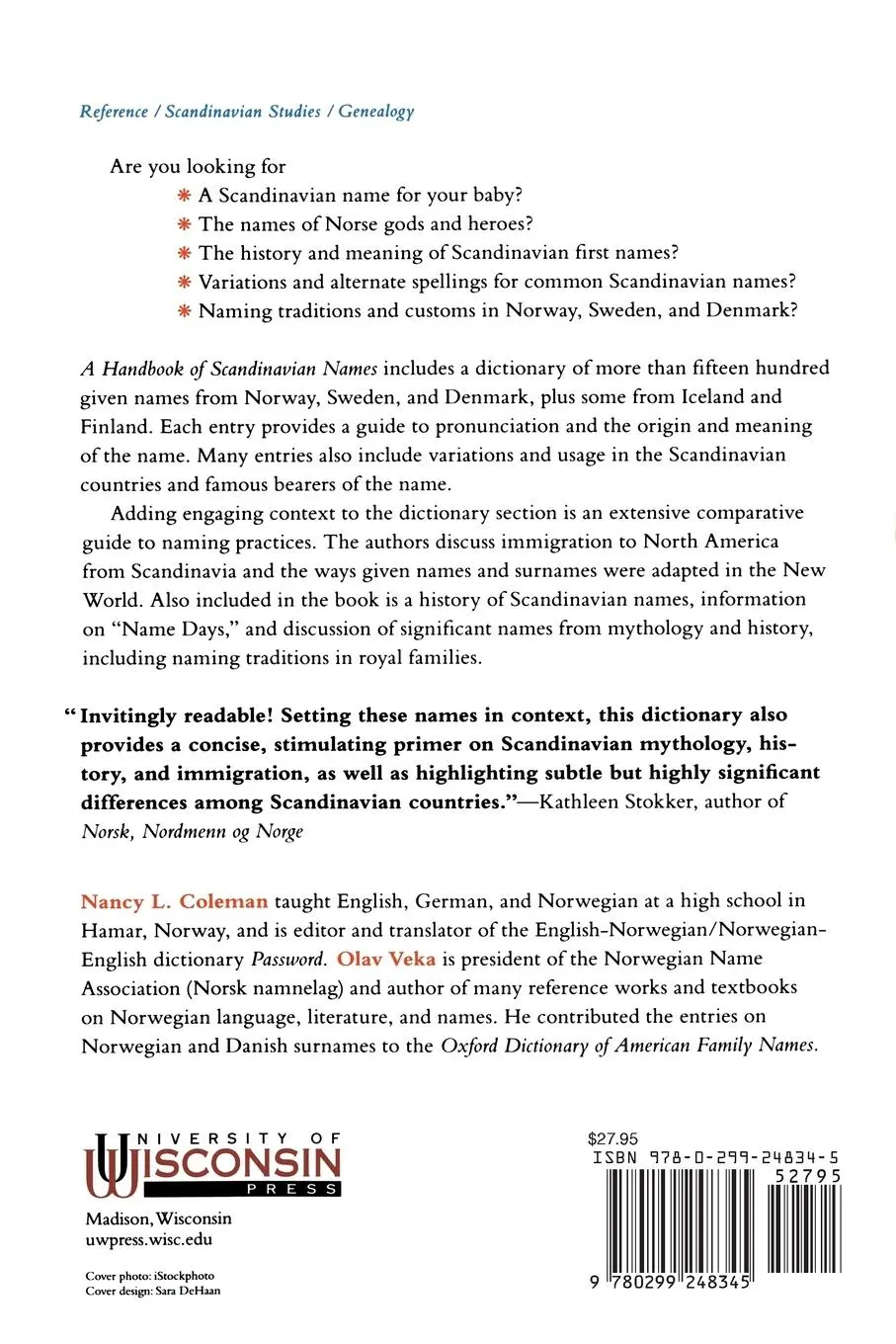 Rückseite: 9780299248345 | Handbook of Scandinavian Names | Nancy L Coleman | Taschenbuch | 2003