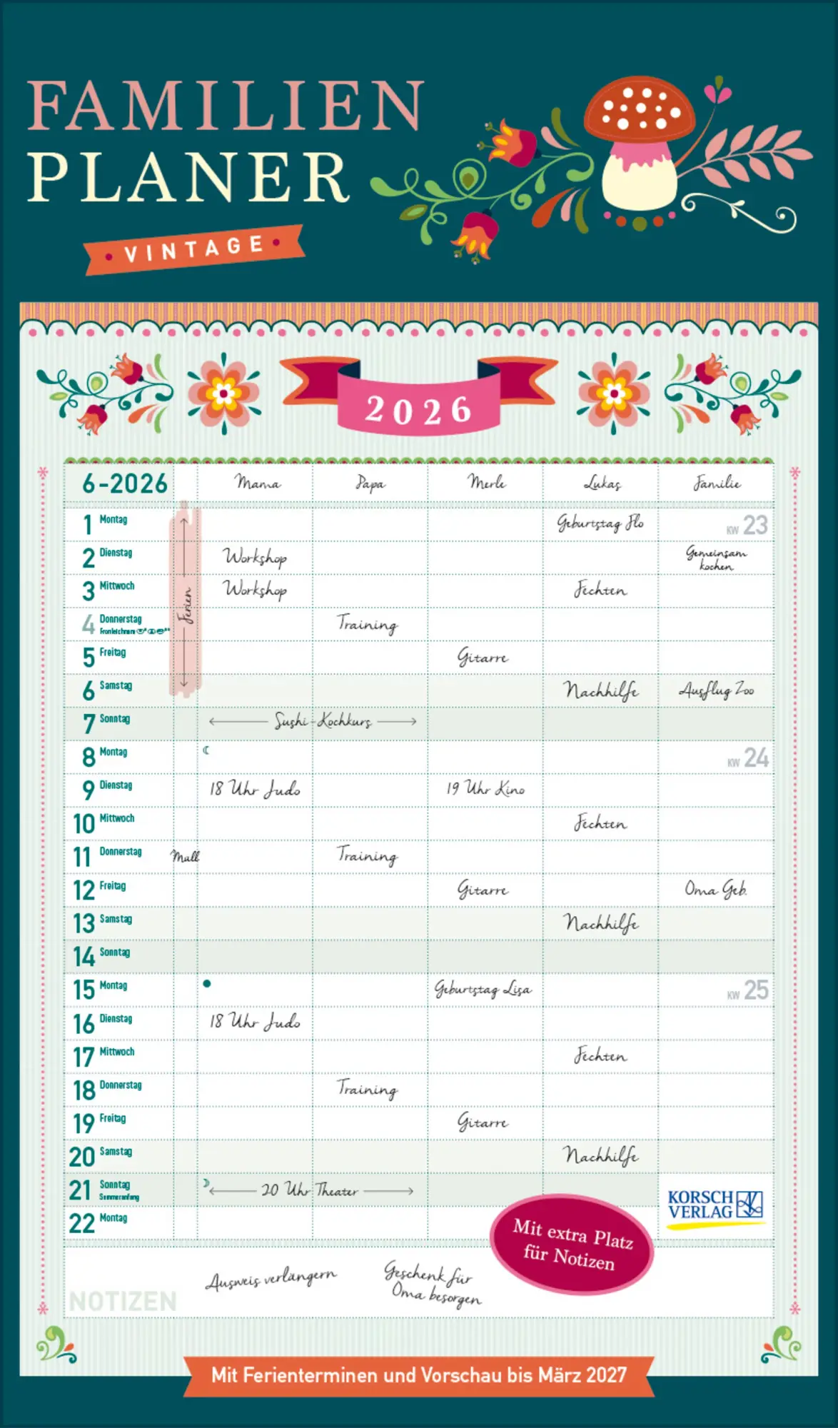 Cover: 9783731888345 | Familienplaner Vintage 2026 | Verlag Korsch | Kalender | 14 S. | 2027