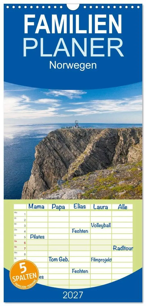 Cover: 9783594338445 | Familienplaner 2027 - Norwegen mit 5 Spalten (Wandkalender, 21 x 45...