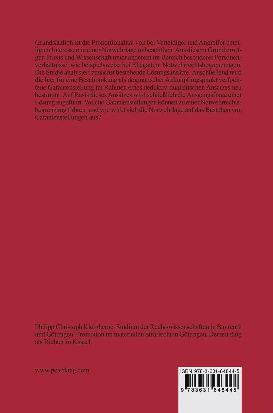 Rückseite: 9783631648445 | Garantenstellung und Notwehrrecht | Philipp Christoph Kleinherne
