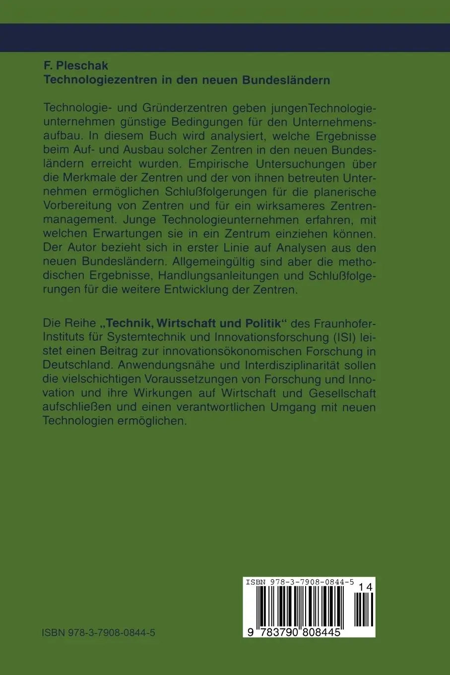 Rückseite: 9783790808445 | Technologiezentren in den neuen Bundesländern | Franz Pleschak | Buch
