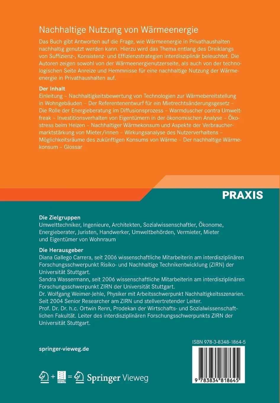 Rückseite: 9783834818645 | Nachhaltige Nutzung von Wärmeenergie | Ortwin Renn (u. a.) | Buch