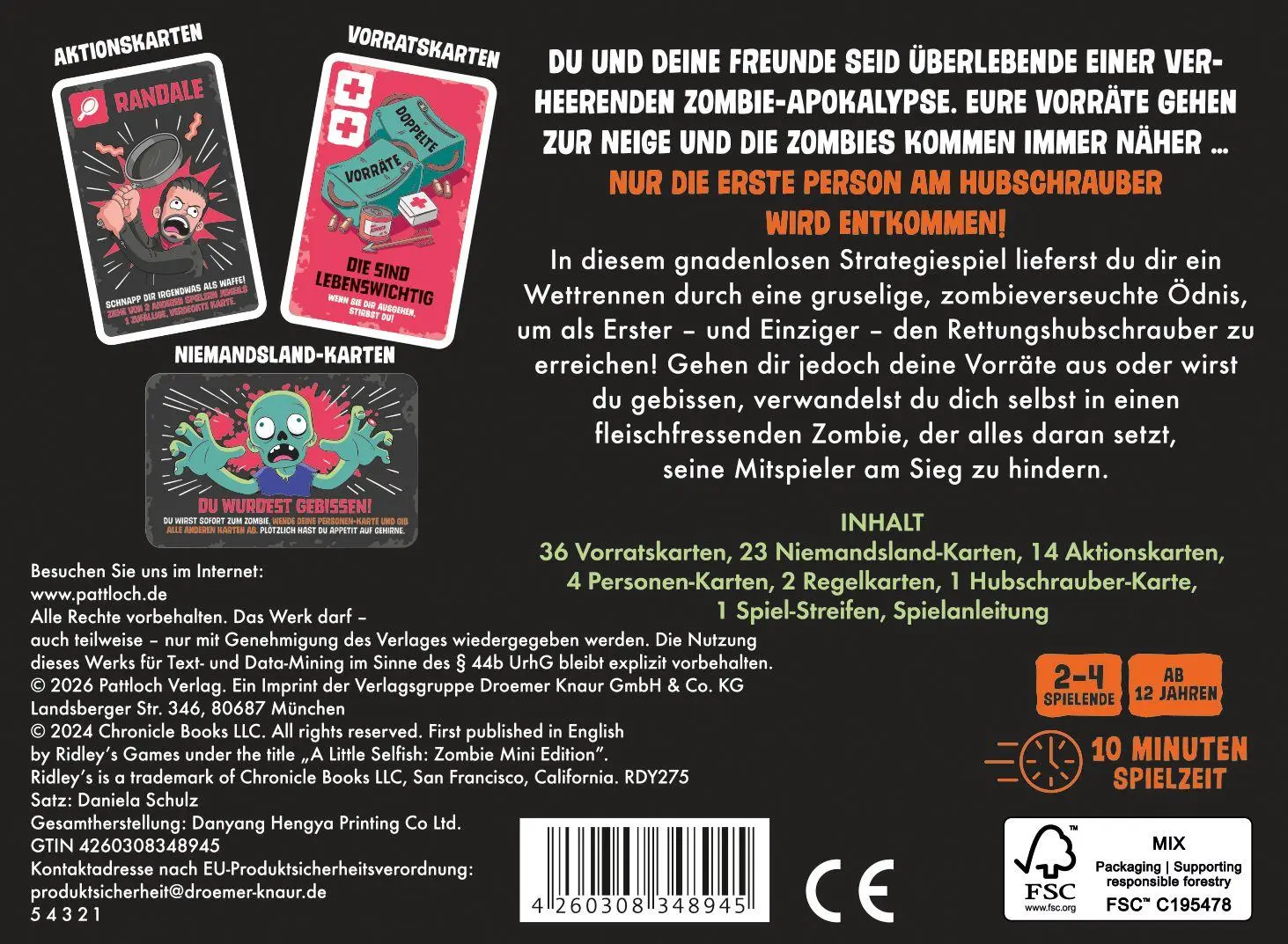Rückseite: 4260308348945 | Pocket Selfish - Die Zombies kommen! | Ridley'S Games | Spiel | 80 S.