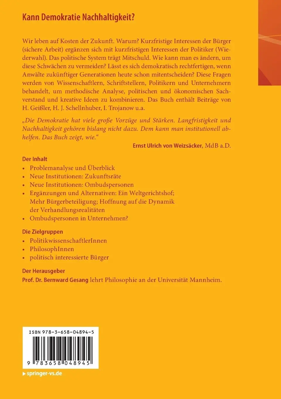Rückseite: 9783658048945 | Kann Demokratie Nachhaltigkeit? | Bernward Gesang | Taschenbuch | xii