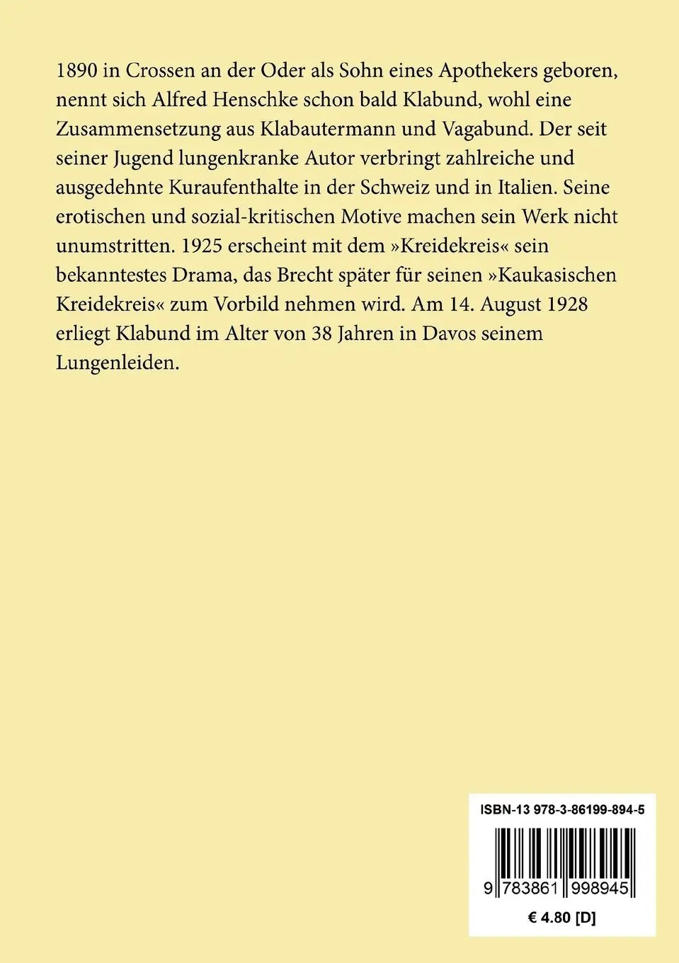 Rückseite: 9783861998945 | X Y Z | Spiel zu Dreien in drei Akten | Klabund | Taschenbuch | 60 S.