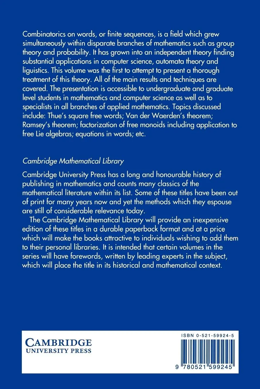 Rückseite: 9780521599245 | Combinatorics on Words | M. Lothaire (u. a.) | Taschenbuch | Englisch