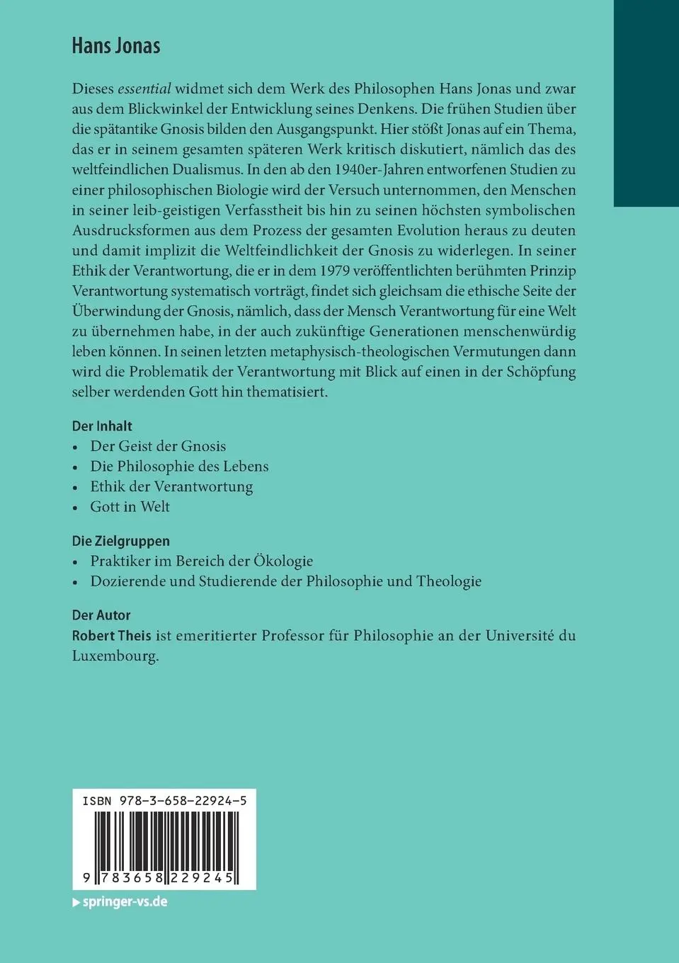 Rückseite: 9783658229245 | Hans Jonas | Etappen seines Denkwegs | Robert Theis | Taschenbuch | ix
