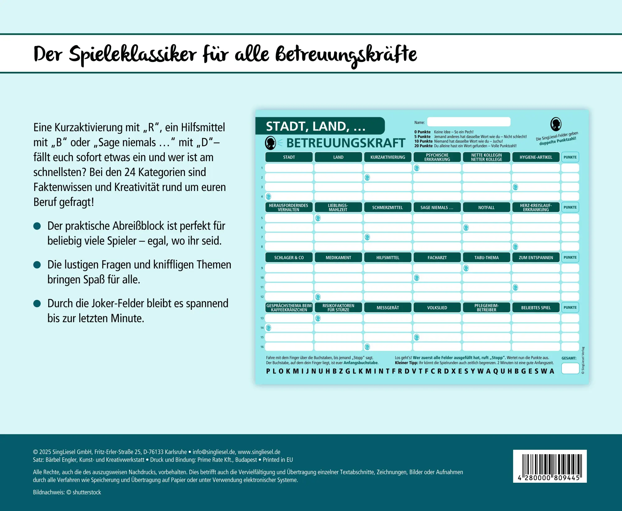 Bild: 4280000809445 | Stadt, Land, Betreuungskraft | Singliesel | Spiel | 100 S. | Deutsch