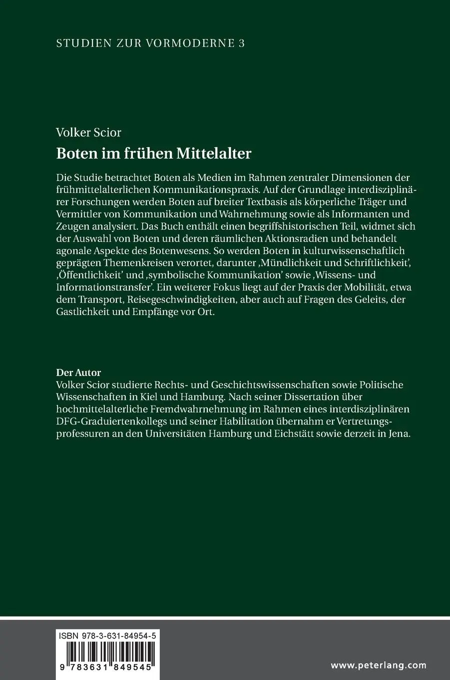 Rückseite: 9783631849545 | Boten im frühen Mittelalter | Medien ¿ Kommunikation ¿ Mobilität