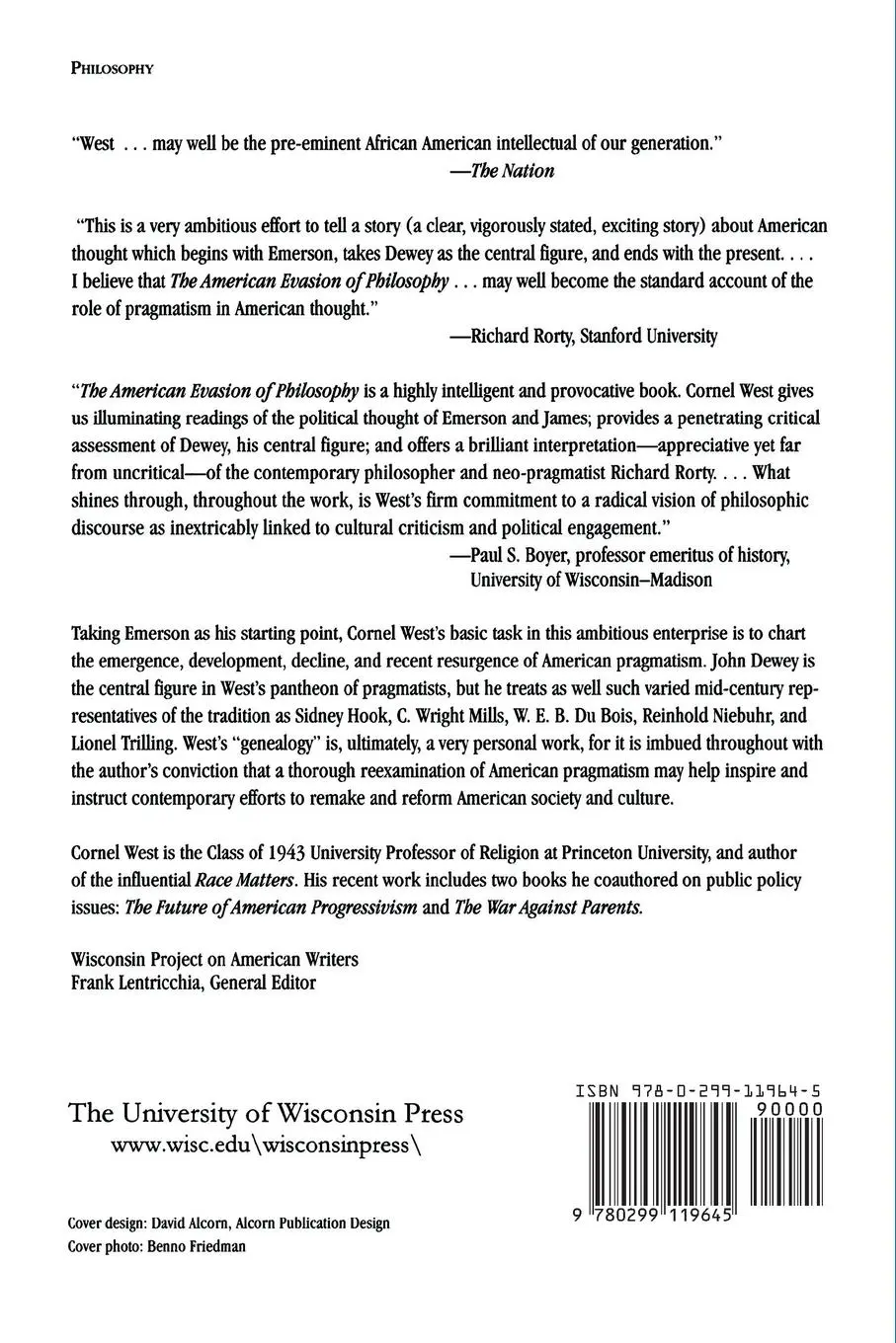 Rückseite: 9780299119645 | American Evasion of Philosophy | A Genealogy of Pragmatism | West