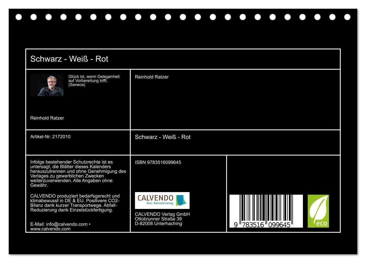 Bild: 9783516099645 | Schwarz - Weiß - Rot (Tischkalender 2026 DIN A5 quer), CALVENDO...