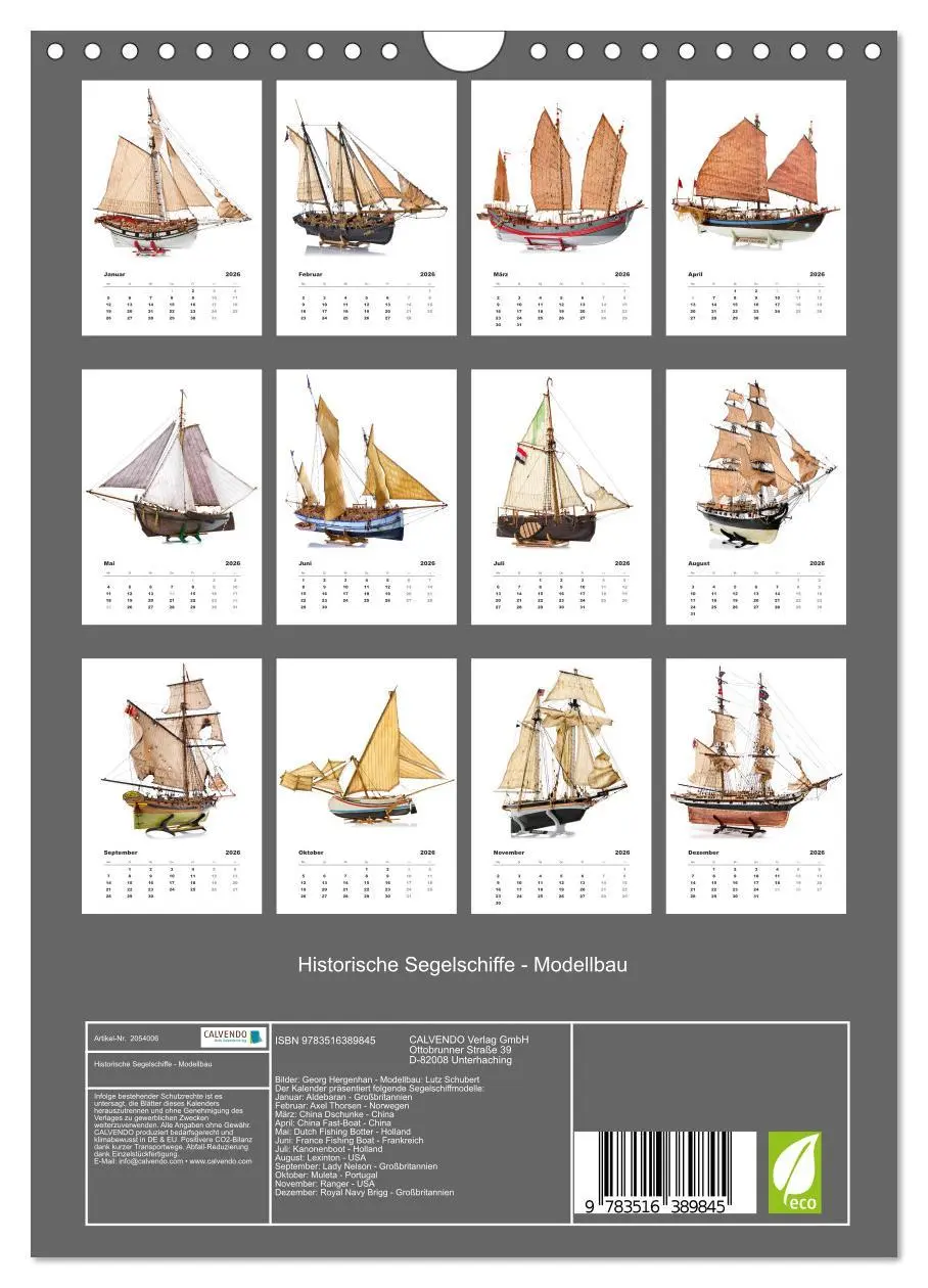 Bild: 9783516389845 | Historische Segelschiffe - Modellbau (Wandkalender 2026 DIN A4...