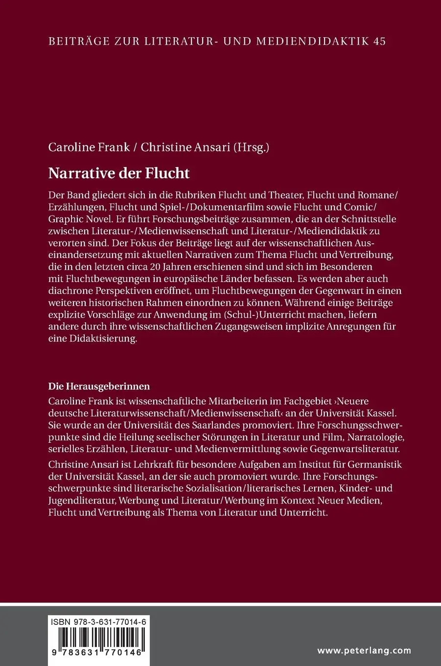 Rückseite: 9783631770146 | Narrative der Flucht | Caroline Frank (u. a.) | Buch | Deutsch | 2022
