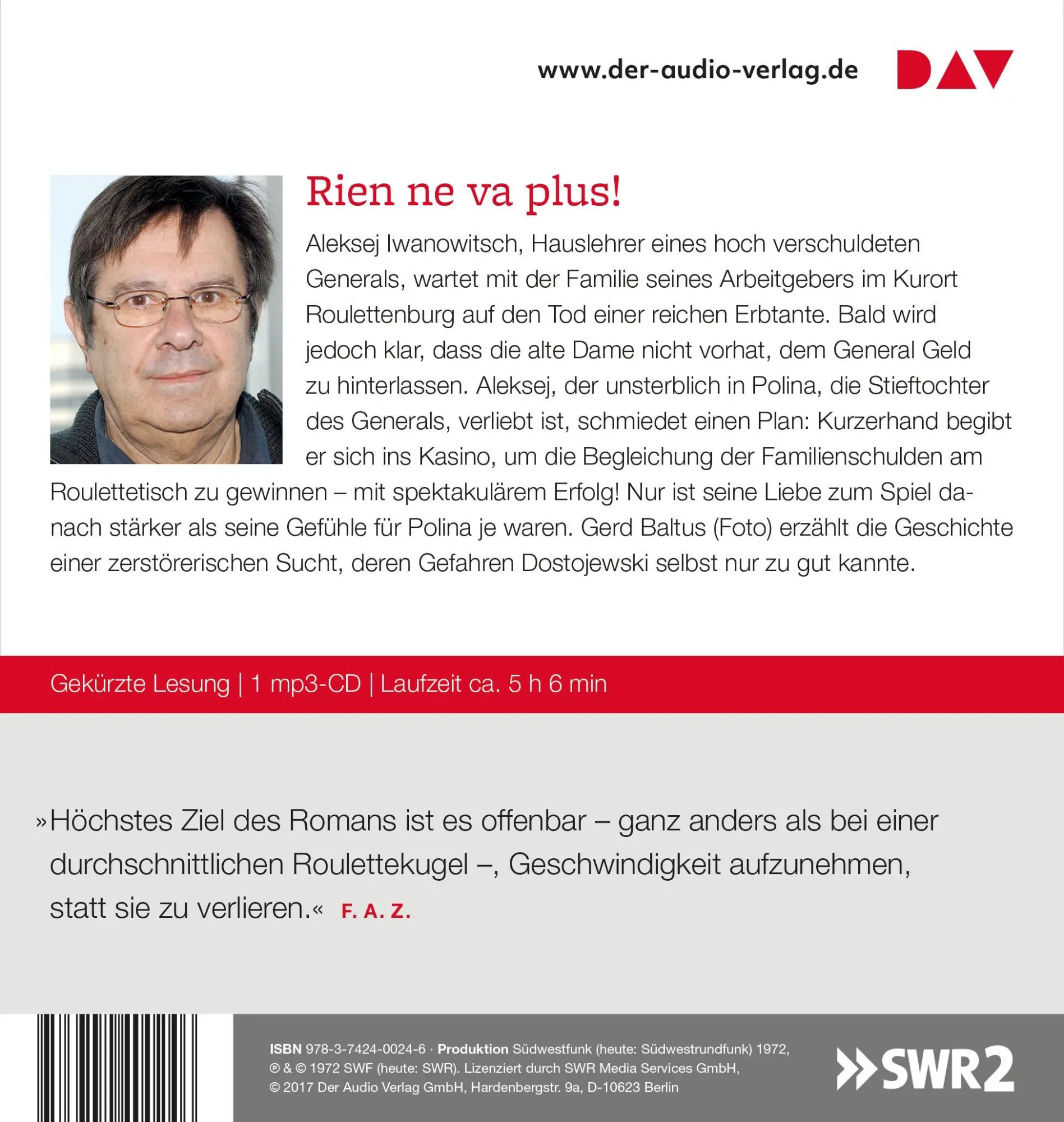 Rückseite: 9783742400246 | Der Spieler | Lesung mit Gerd Baltus | Fjodor Dostojewski | MP3 | 2017