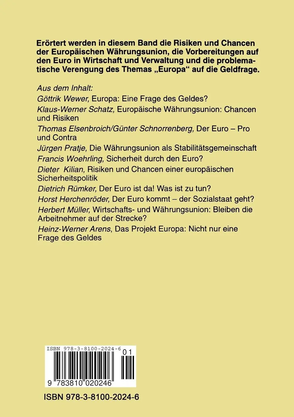 Rückseite: 9783810020246 | Europa: Eine Frage des Geldes? | Hans Duggen (u. a.) | Taschenbuch